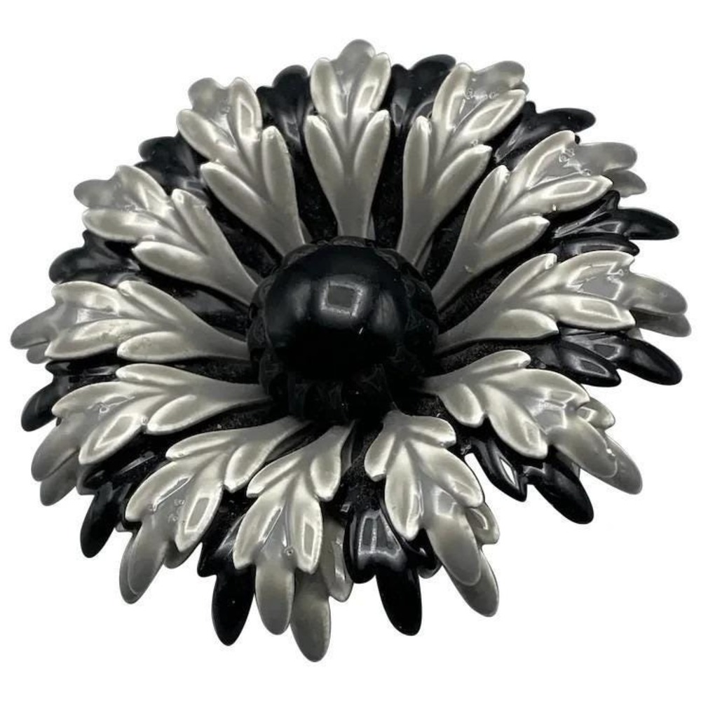 Vintage Grey and Black Enamel Flower Pin Brooch Mid Century
